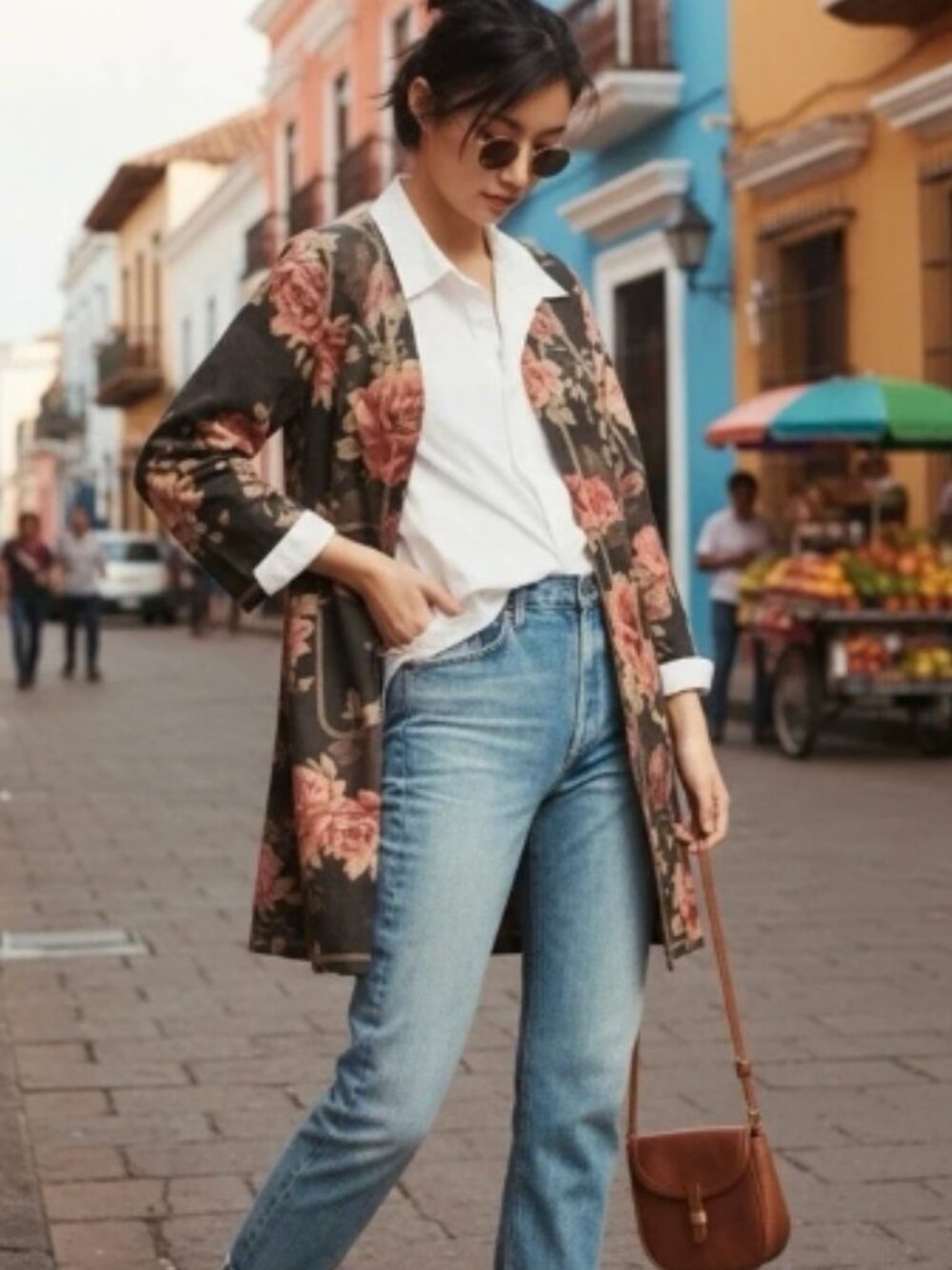 Tahari Open Front Faux Suede Floral Duster Jacket size M